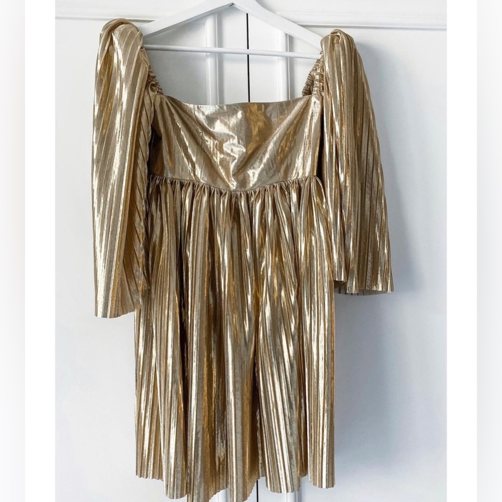 Handmade gold pleated dress with bell sleeves